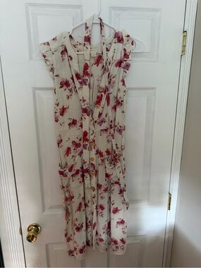 Cream Floral Button-Front Dress with Pink Floral Print